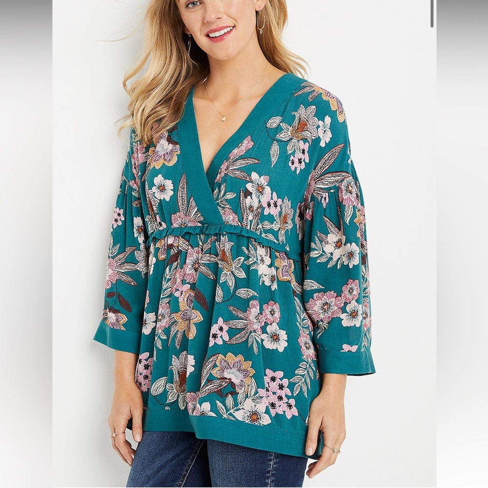 Maurcies Blue Floral Bell Sleeve Blouse teal pink floral size XL